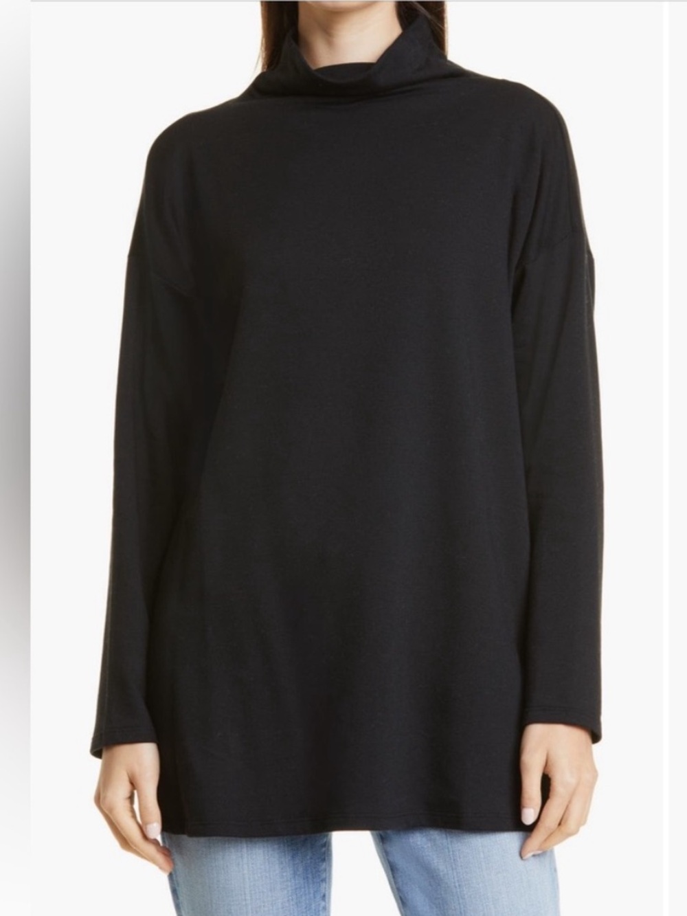 Eileen Fisher Funnel Neck Tunic Organic Cotton Long Sleeve Minimalist Black M